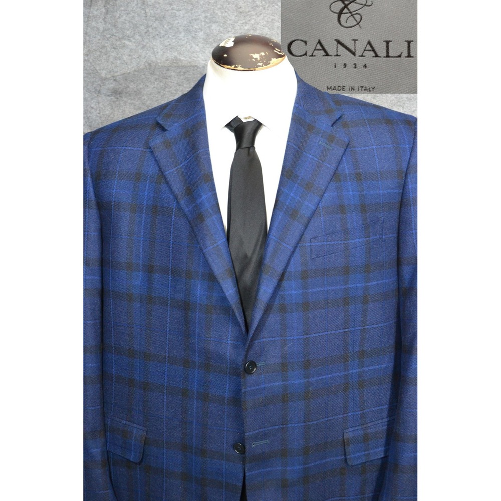 Canali Sport Coat Mens 50R Blue Plaid Check Pure Wool Blazer Jacket 1934 Italy